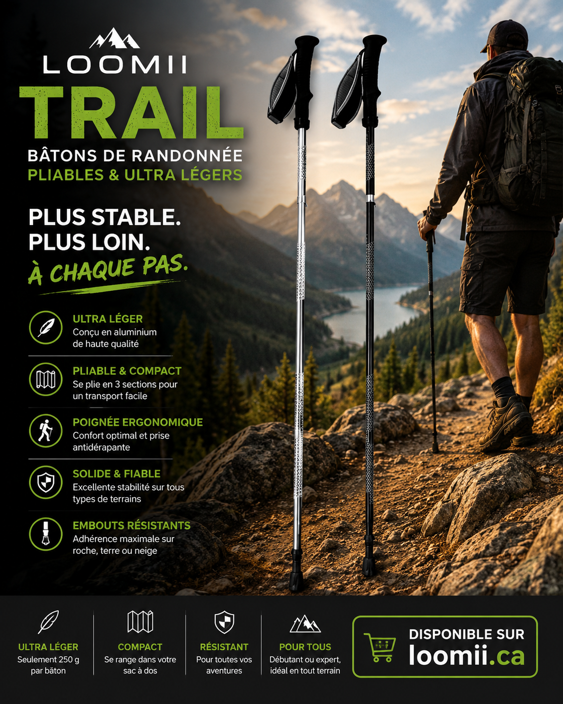 Loomii Trail — Bâton de Randonnée Pliable Ultra-Léger