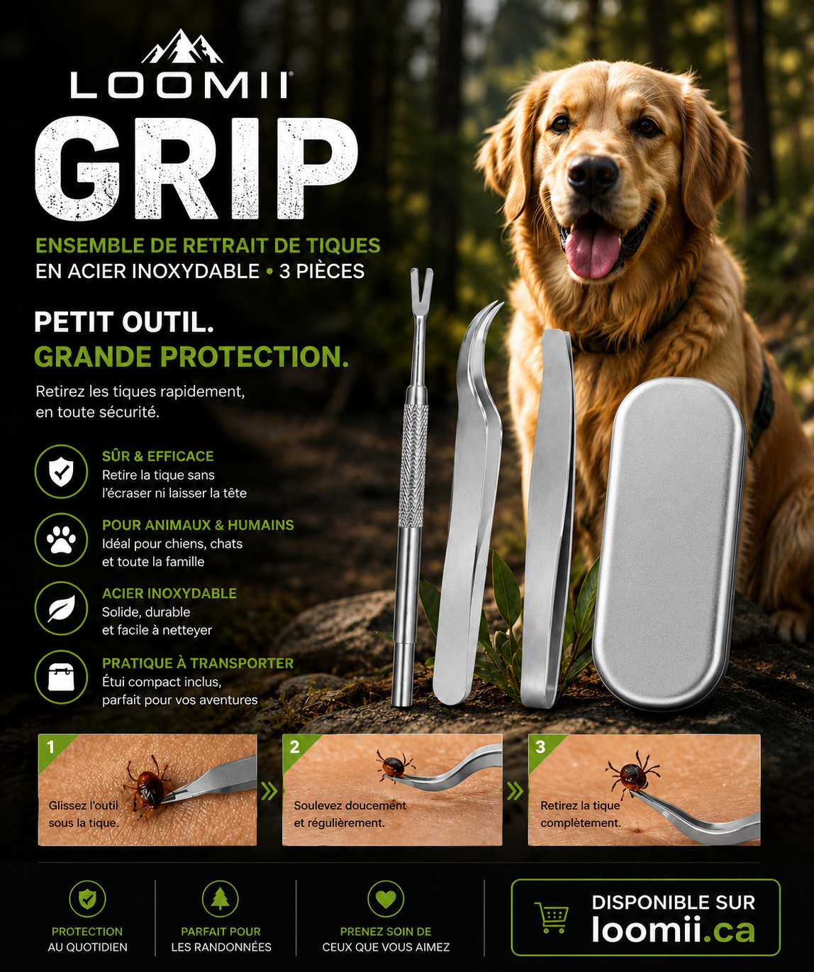 Loomii Grip — Ensemble de Retrait de Tiques en Acier Inoxydable (3 pièces)
